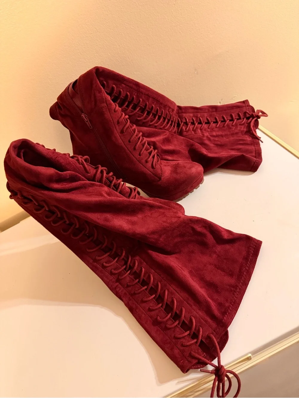 Women's Over-the-Knee Lace-Up Boot - Burgundy